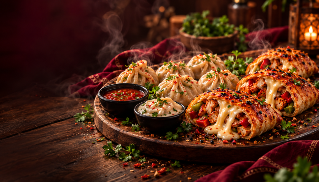 Mom's Hut homemade momos and tandoori chicken cheese pockets hero