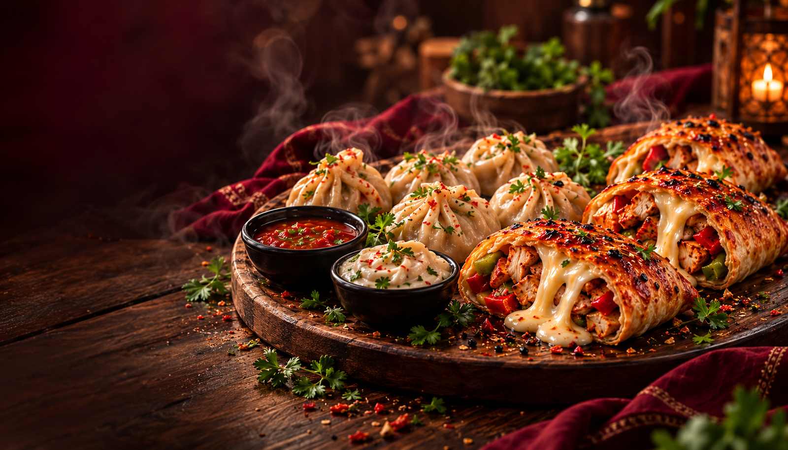 Mom’s Hut momos and tandoori chicken pockets hero