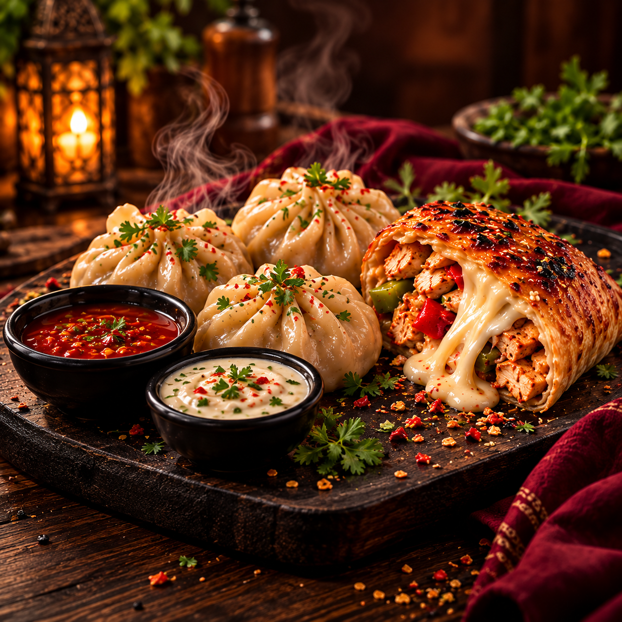 Mom's Hut D1 Try deal with momos, tandoori chicken cheese pocket and dips