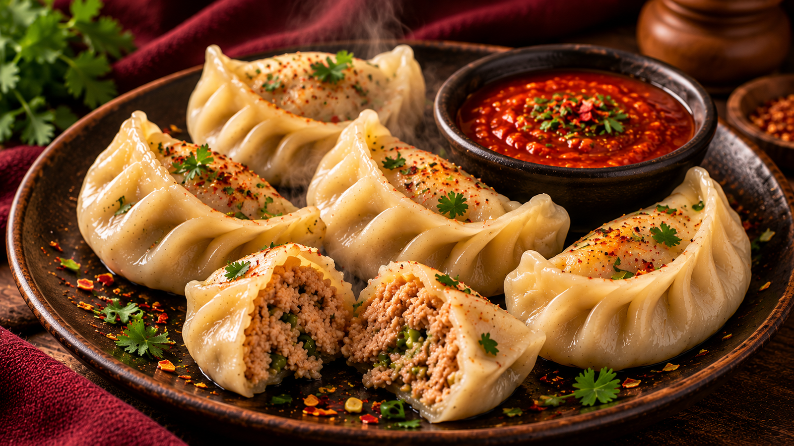 Mom's Hut signature momos with homemade sauce